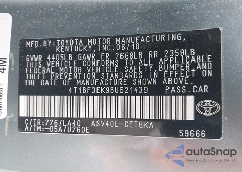 2011 Toyota Camry Xle from USA, damaged, VIN 4T1BF3EK9BU621439